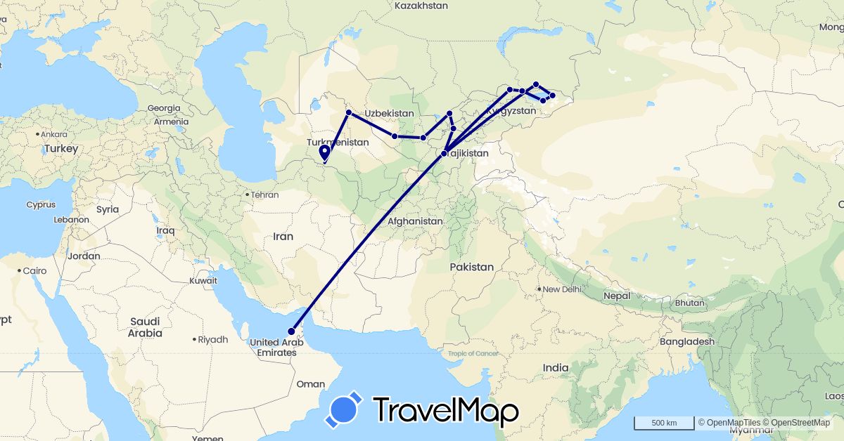 TravelMap itinerary: driving in United Arab Emirates, Kyrgyzstan, Kazakhstan, Tajikistan, Turkmenistan, Uzbekistan (Asia)