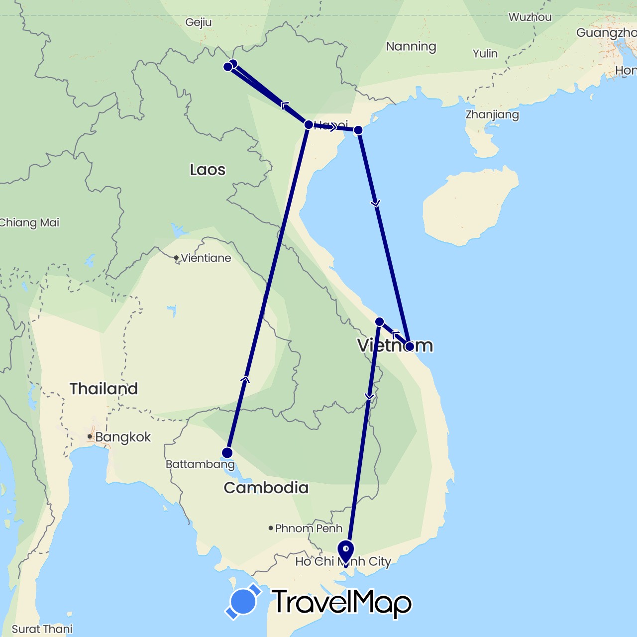 TravelMap itinerary: driving in Cambodia, Vietnam (Asia)
