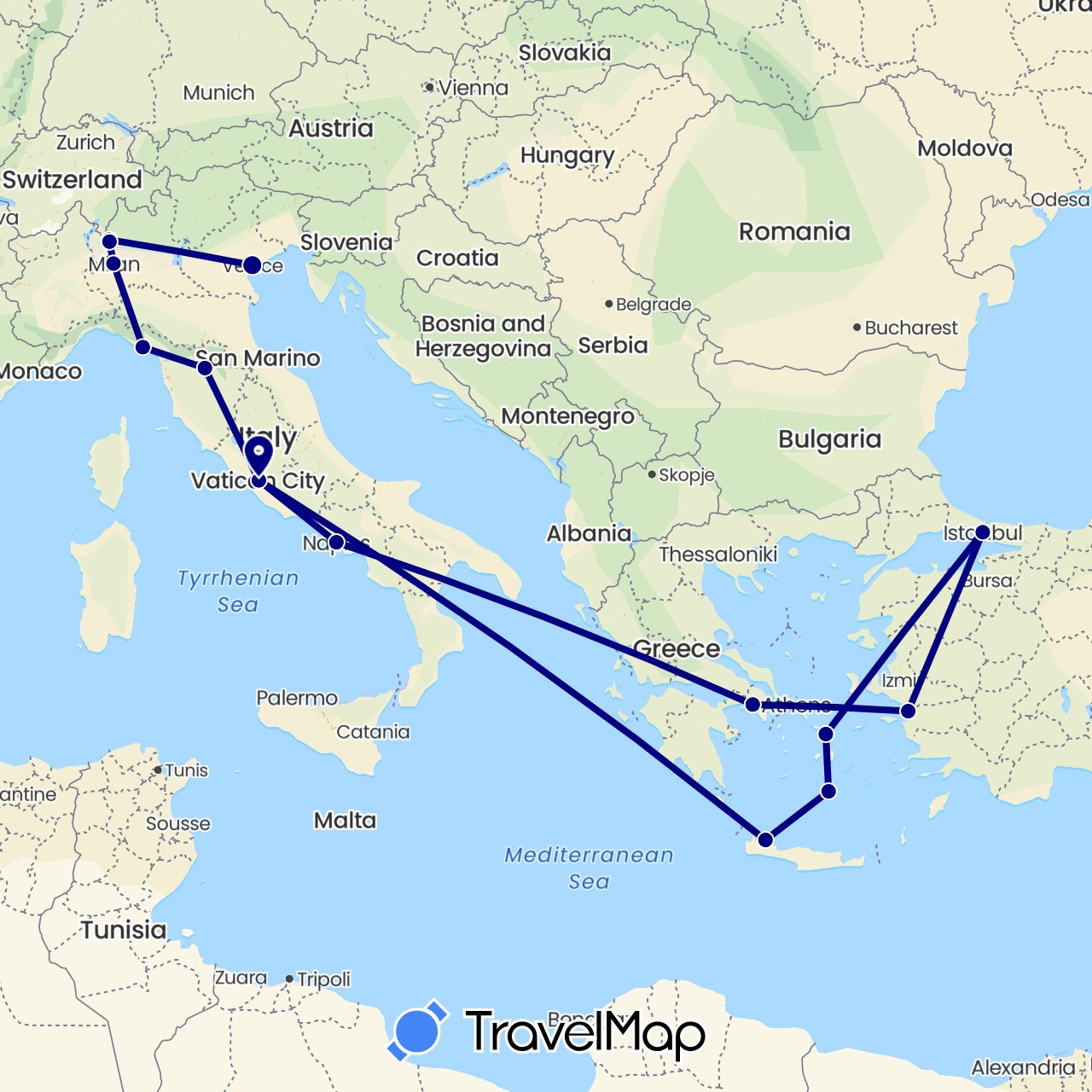 TravelMap itinerary: driving in Greece, Italy, Turkey (Asia, Europe)