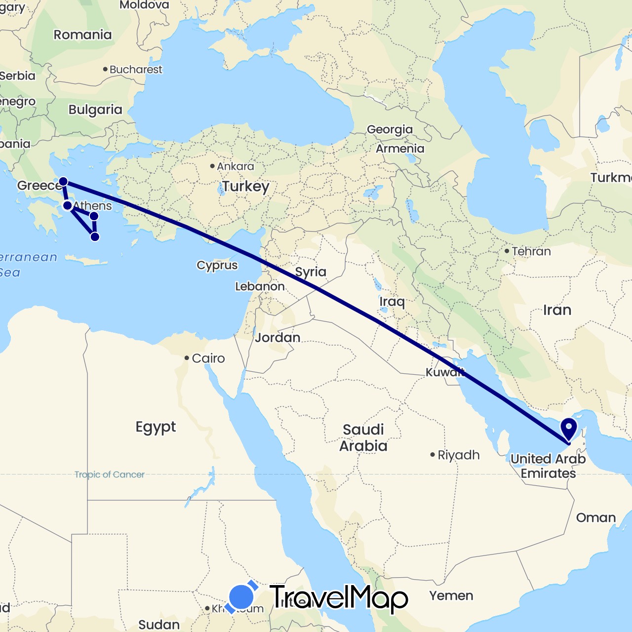TravelMap itinerary: driving in United Arab Emirates, Greece (Asia, Europe)
