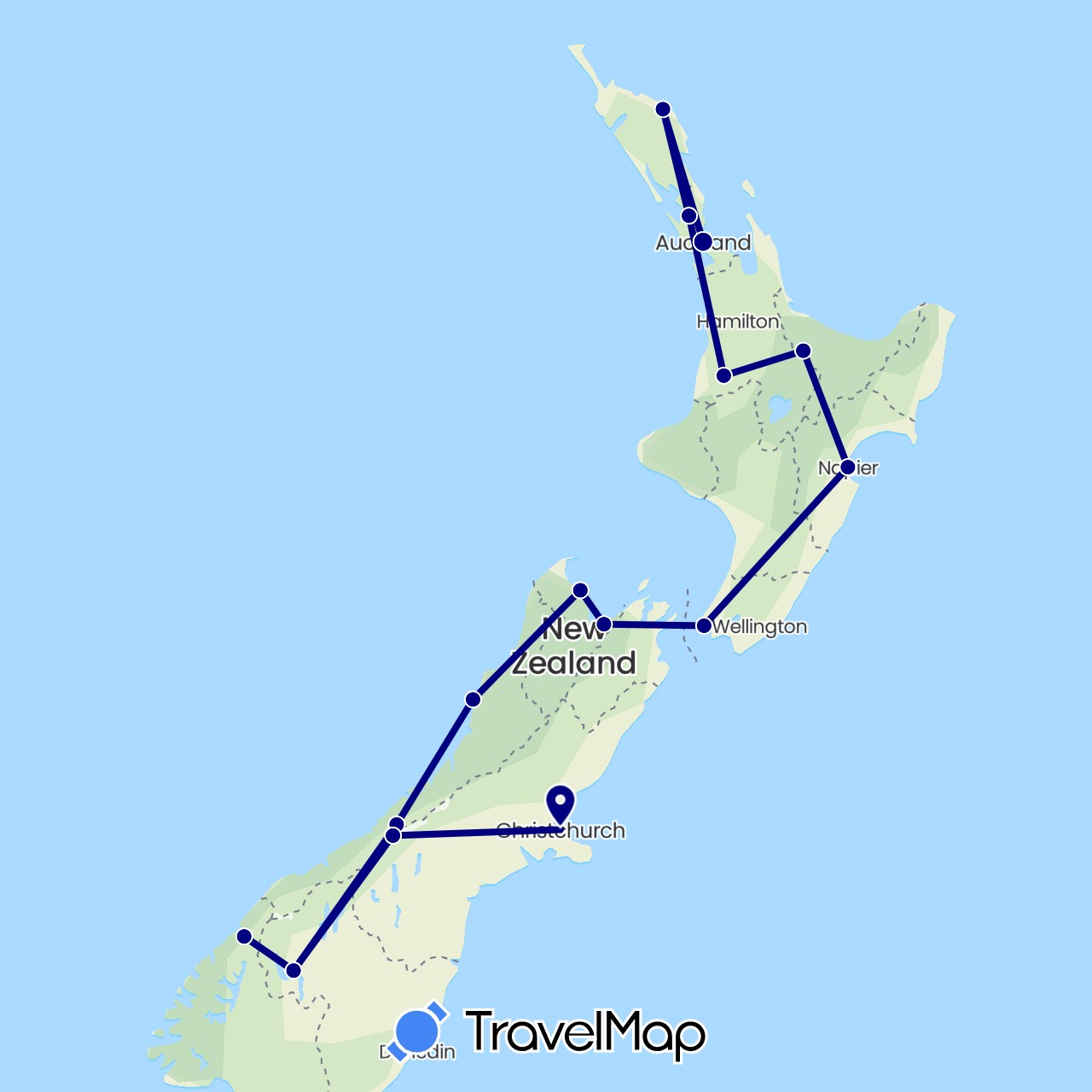 TravelMap itinerary: driving in New Zealand (Oceania)