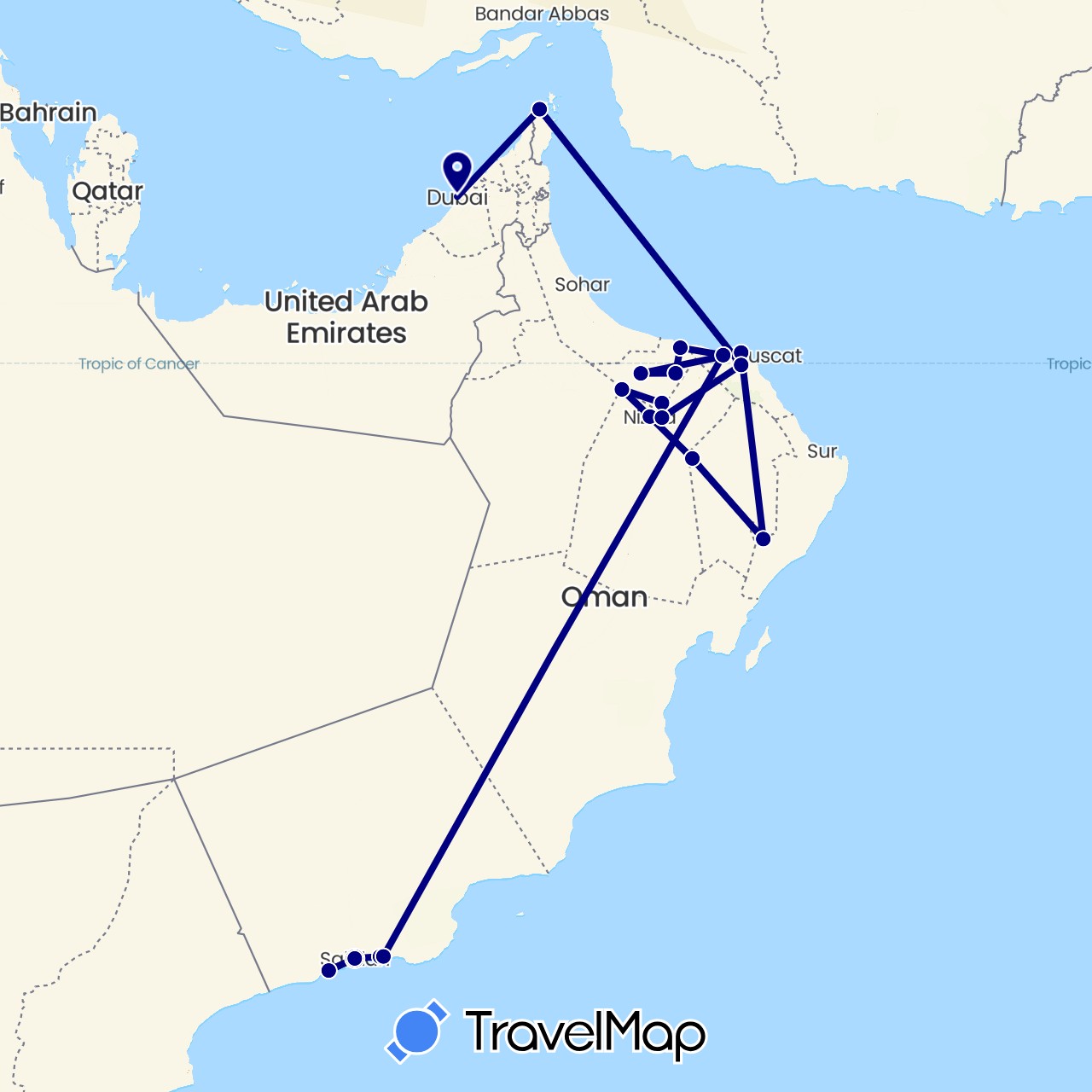 TravelMap itinerary: driving in United Arab Emirates, Oman (Asia)