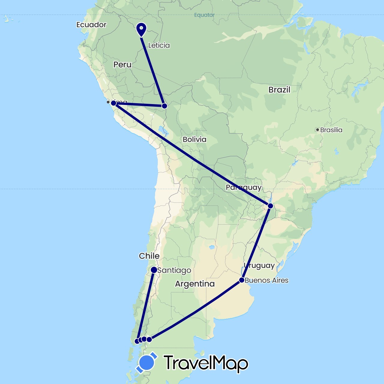 TravelMap itinerary: driving in Argentina, Brazil, Chile, Peru (South America)