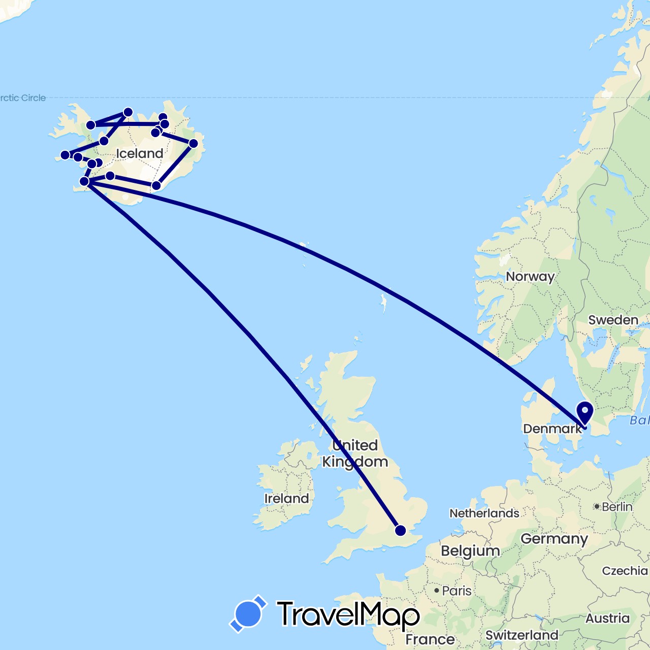 TravelMap itinerary: driving in Denmark, United Kingdom, Iceland (Europe)