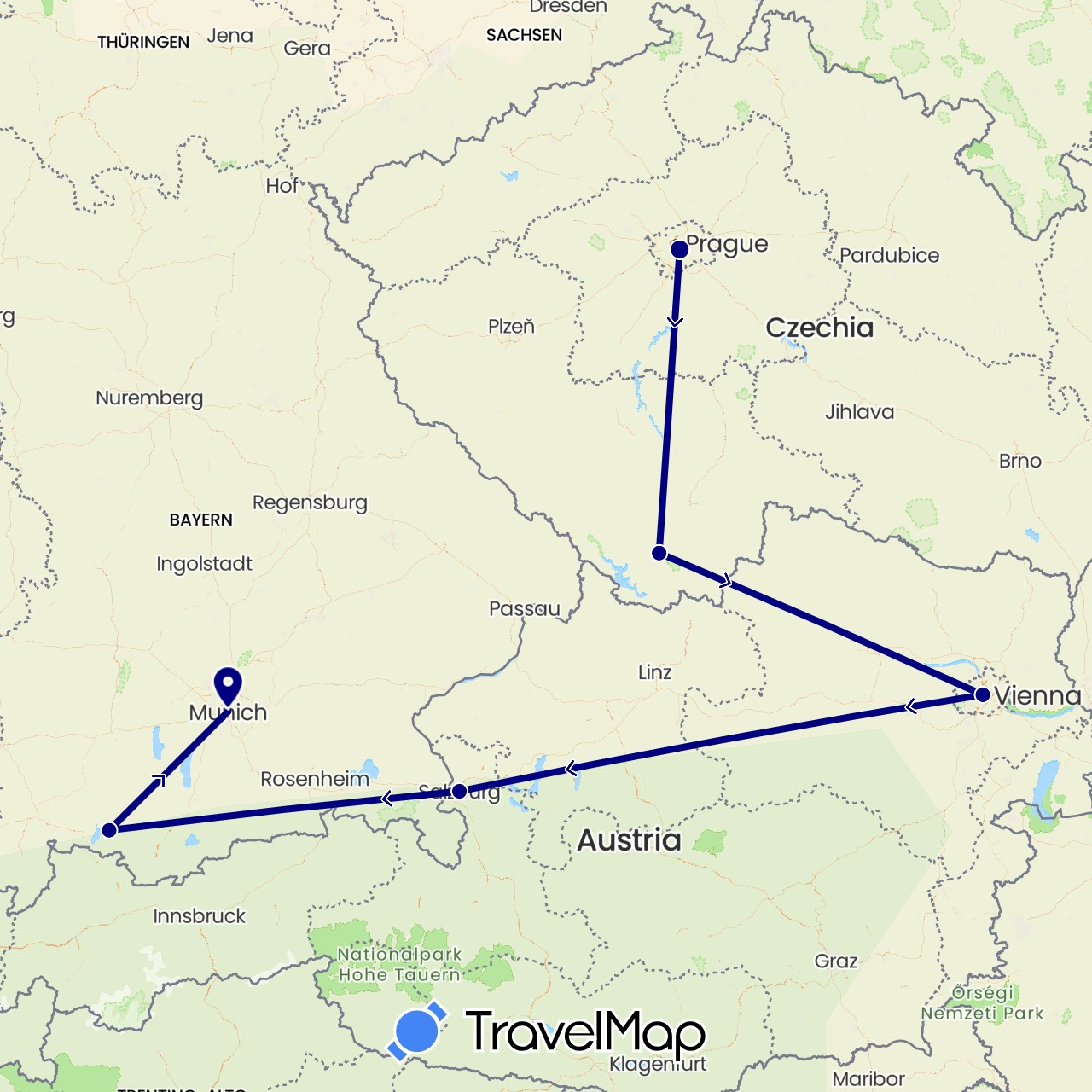 TravelMap itinerary: driving in Austria, Czech Republic, Germany (Europe)
