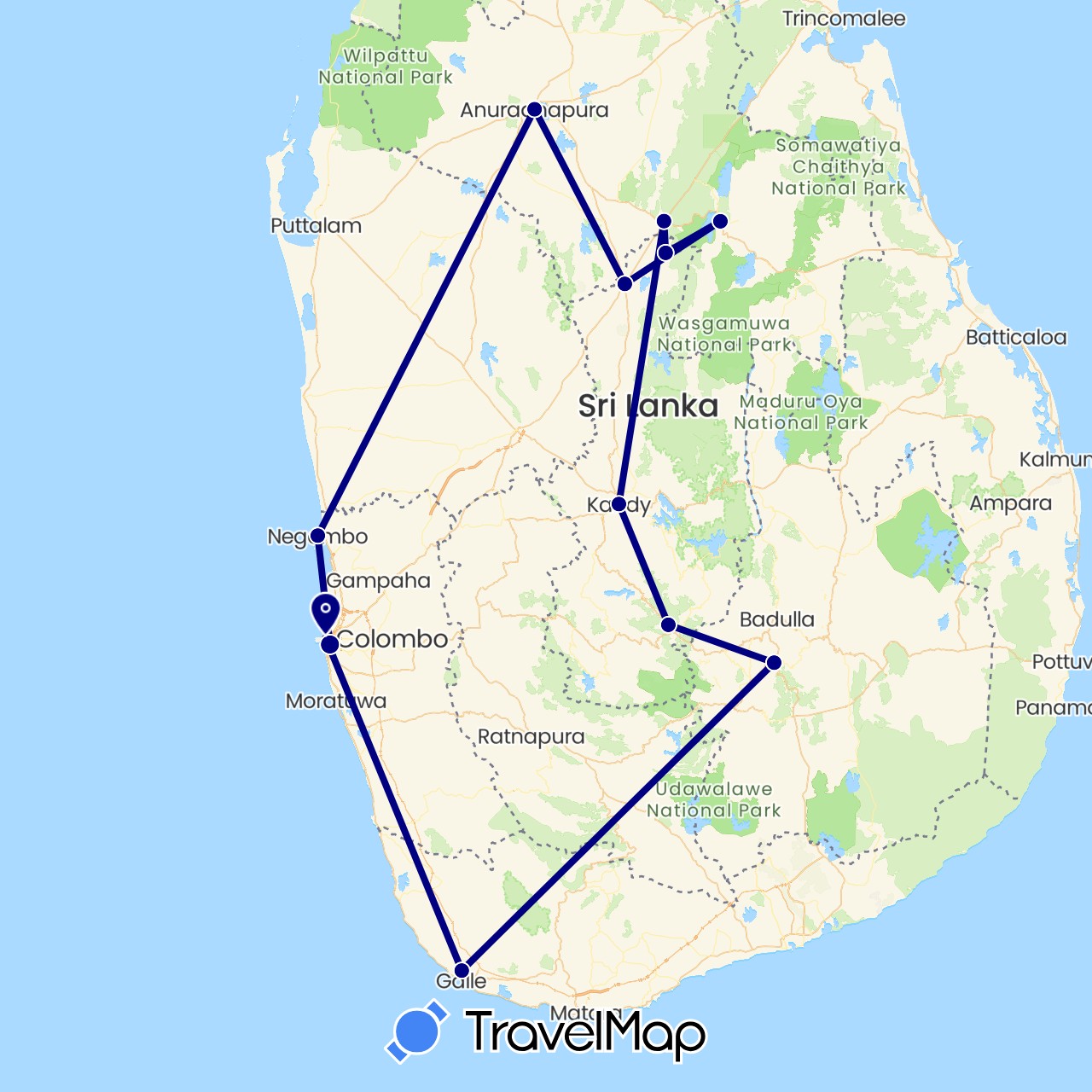 TravelMap itinerary: driving in Sri Lanka (Asia)