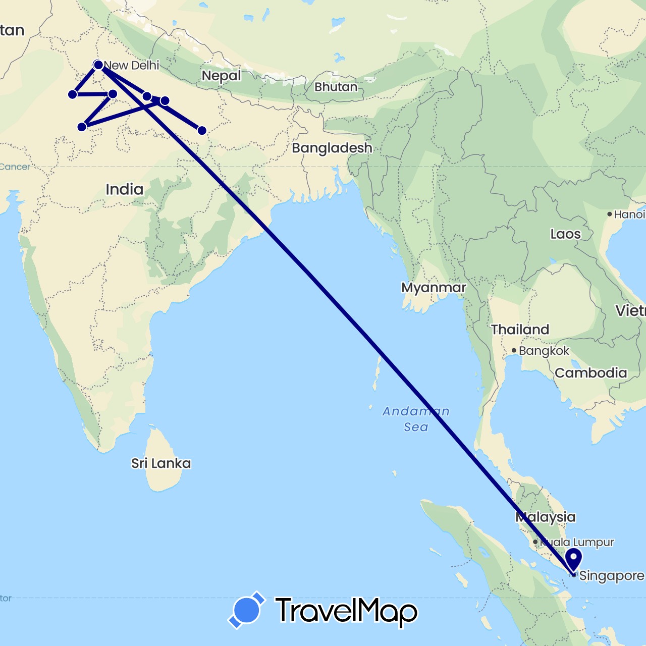 TravelMap itinerary: driving in India, Singapore (Asia)