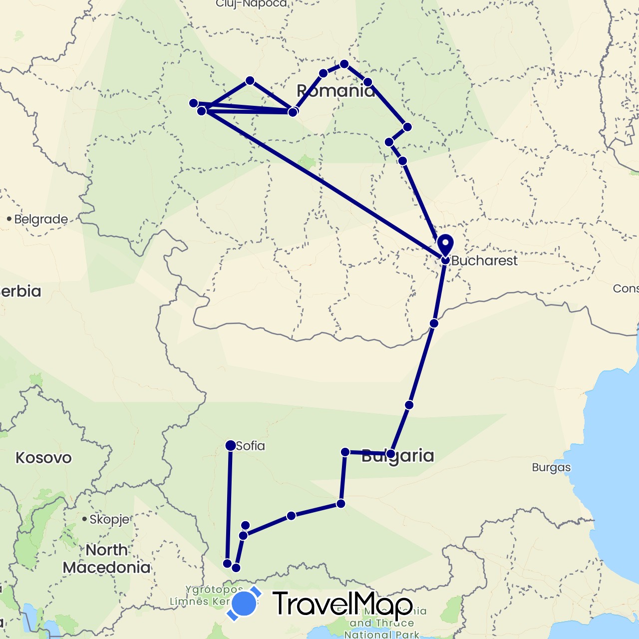 TravelMap itinerary: driving in Bulgaria, Romania (Europe)