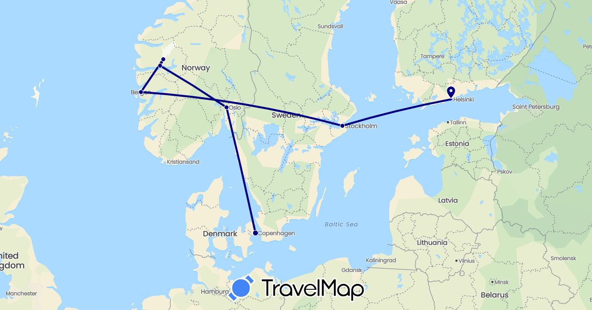 TravelMap itinerary: driving in Denmark, Finland, Norway, Sweden (Europe)