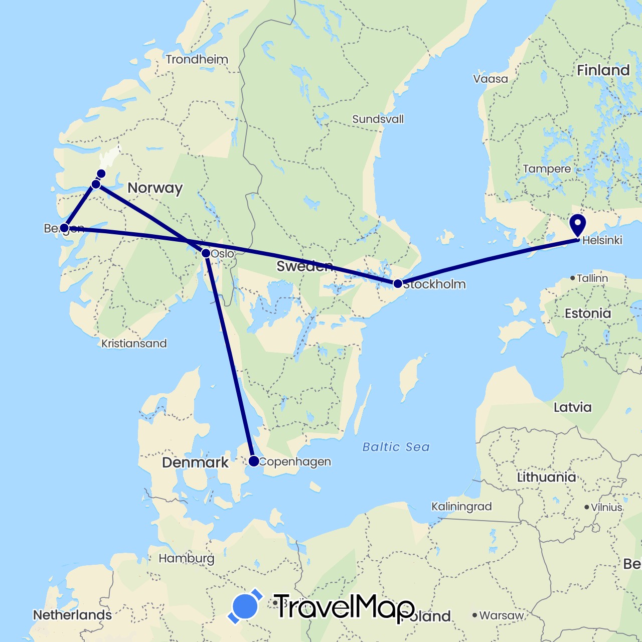 TravelMap itinerary: driving in Denmark, Finland, Norway, Sweden (Europe)