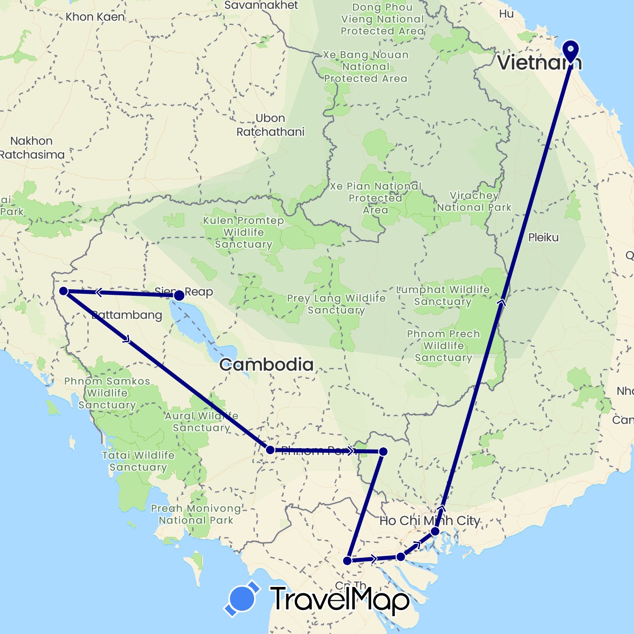 TravelMap itinerary: driving in Cambodia, Vietnam (Asia)