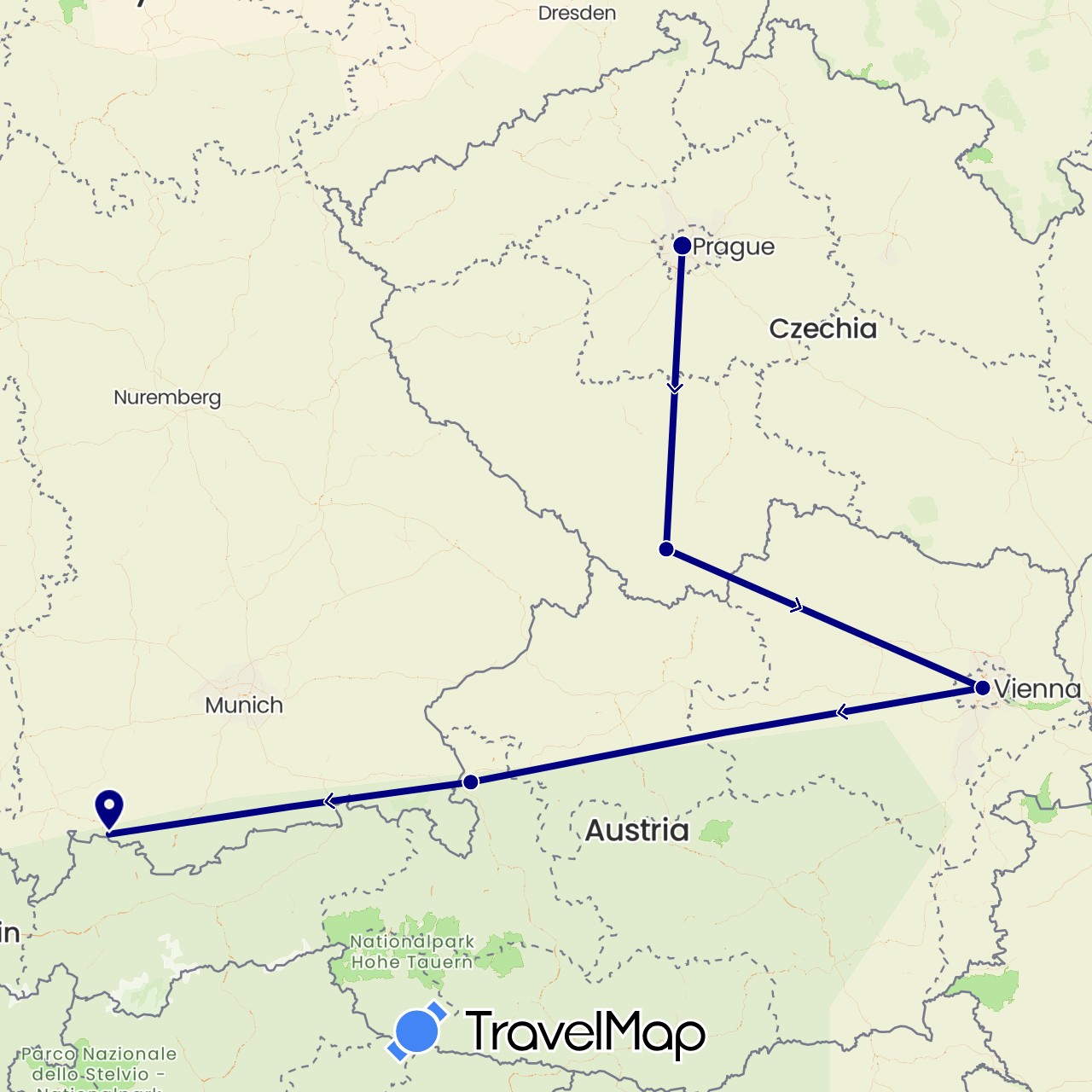 TravelMap itinerary: driving in Austria, Czech Republic, Germany (Europe)