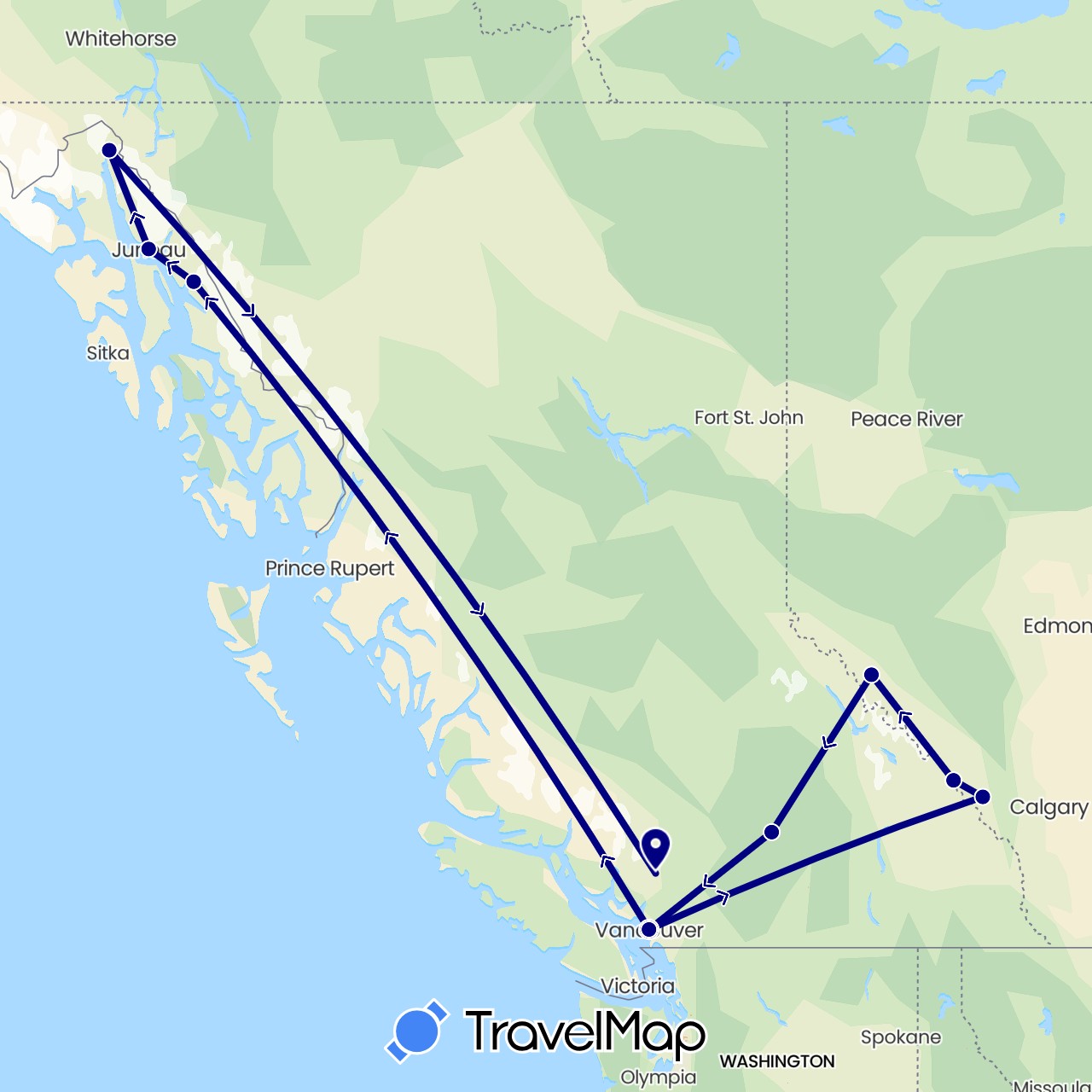 TravelMap itinerary: driving in Canada, United States (North America)