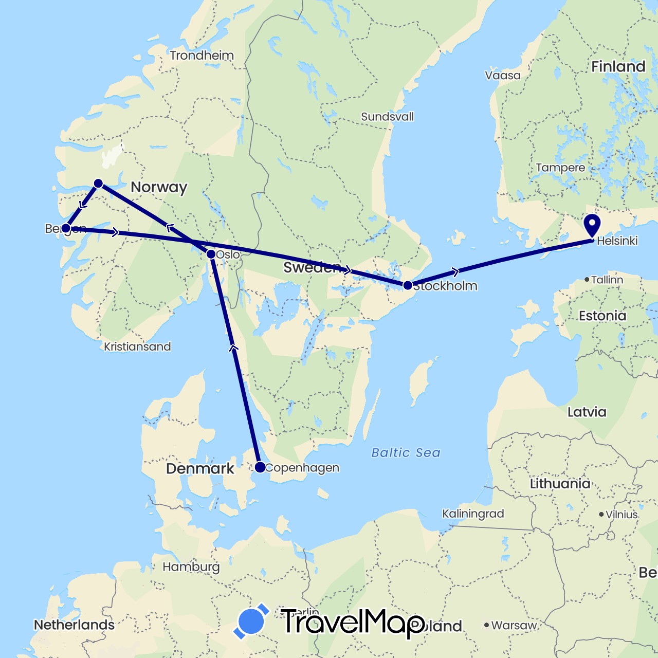 TravelMap itinerary: driving in Denmark, Finland, Norway, Sweden (Europe)