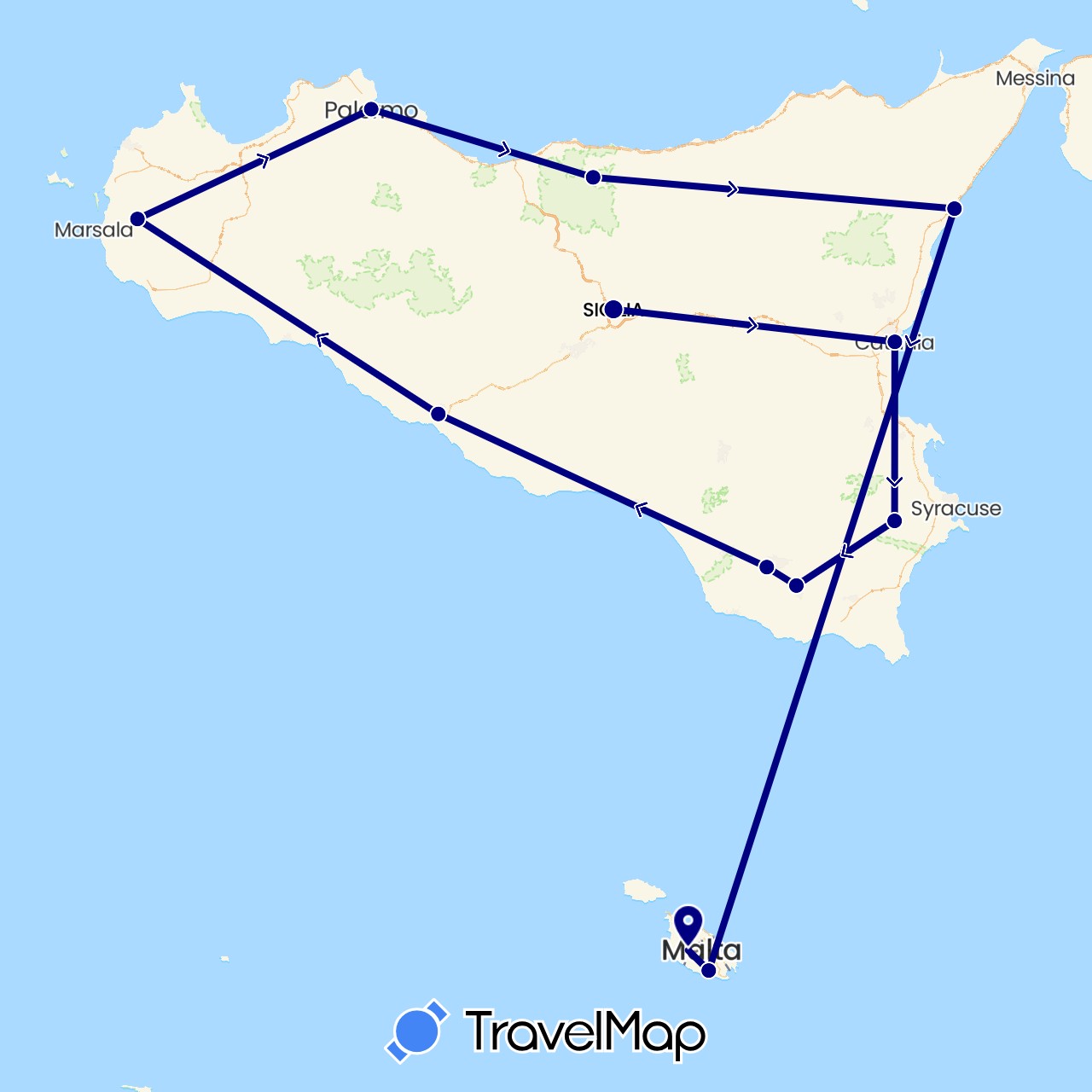 TravelMap itinerary: driving in Italy, Malta (Europe)