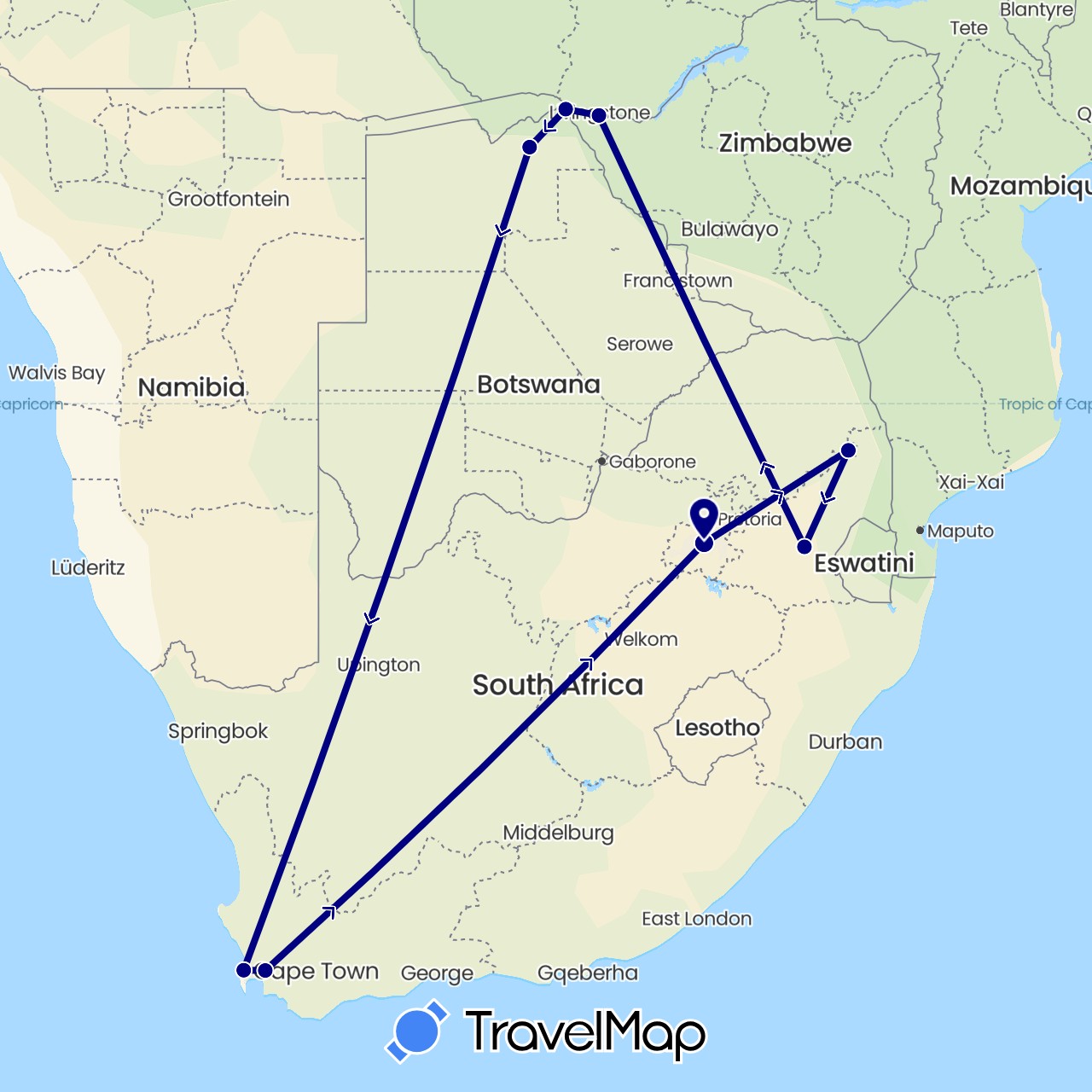 TravelMap itinerary: driving in Botswana, South Africa, Zimbabwe (Africa)