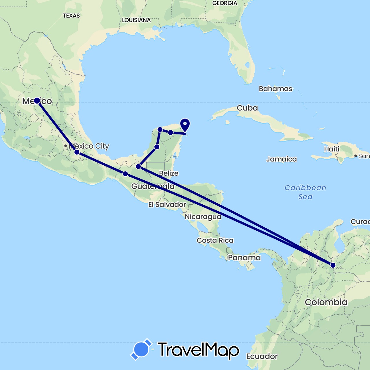 TravelMap itinerary: driving in Mexico, Venezuela (North America, South America)