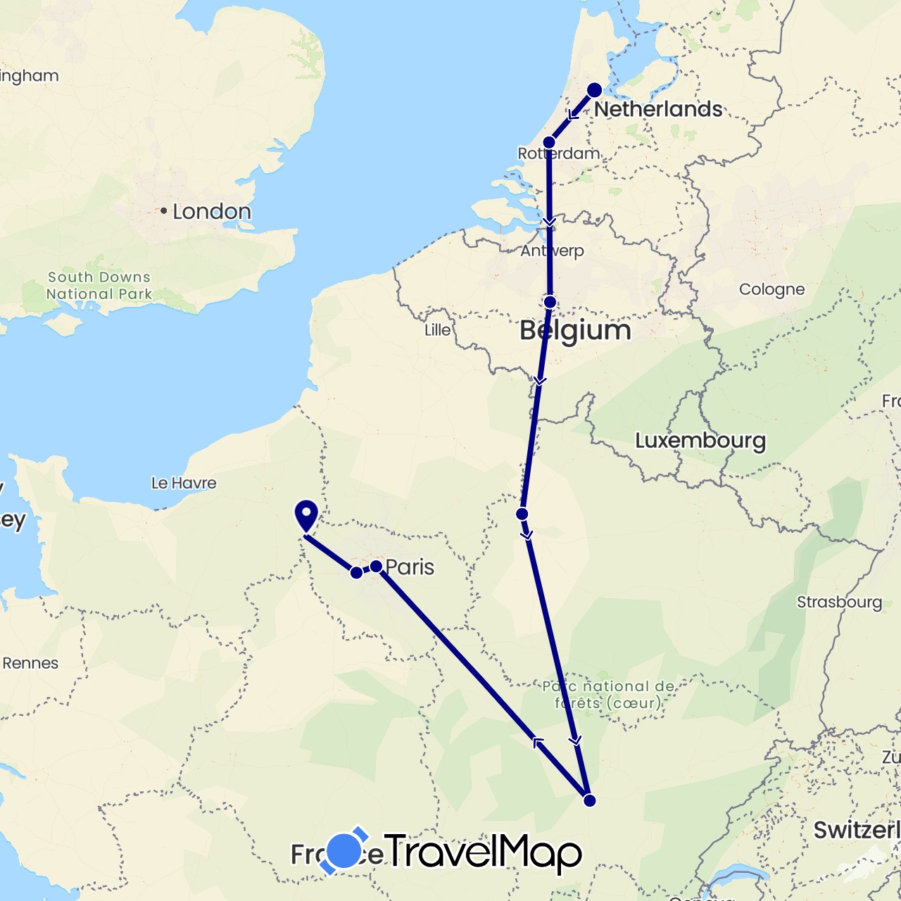 TravelMap itinerary: driving in Belgium, France, Netherlands (Europe)