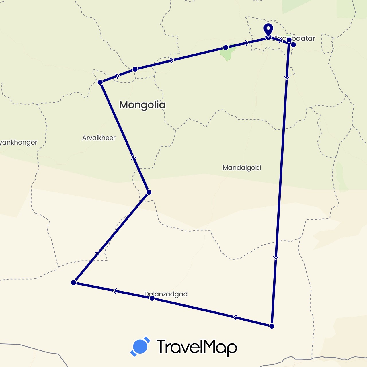 TravelMap itinerary: driving in Mongolia (Asia)