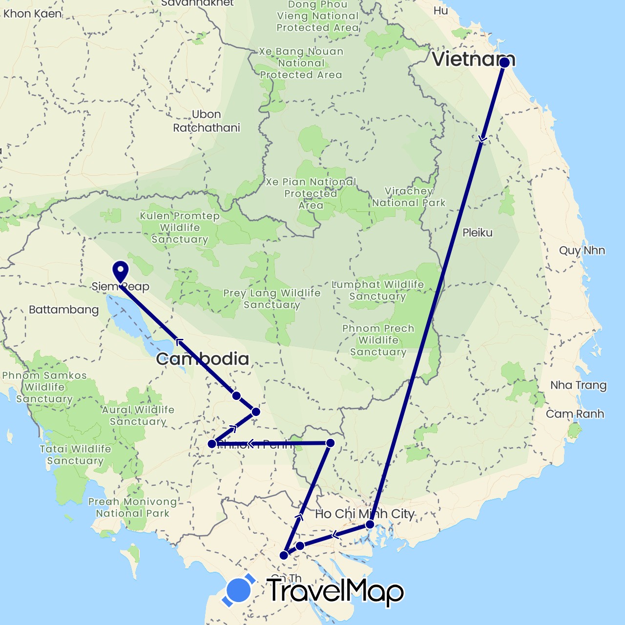TravelMap itinerary: driving in Cambodia, Vietnam (Asia)