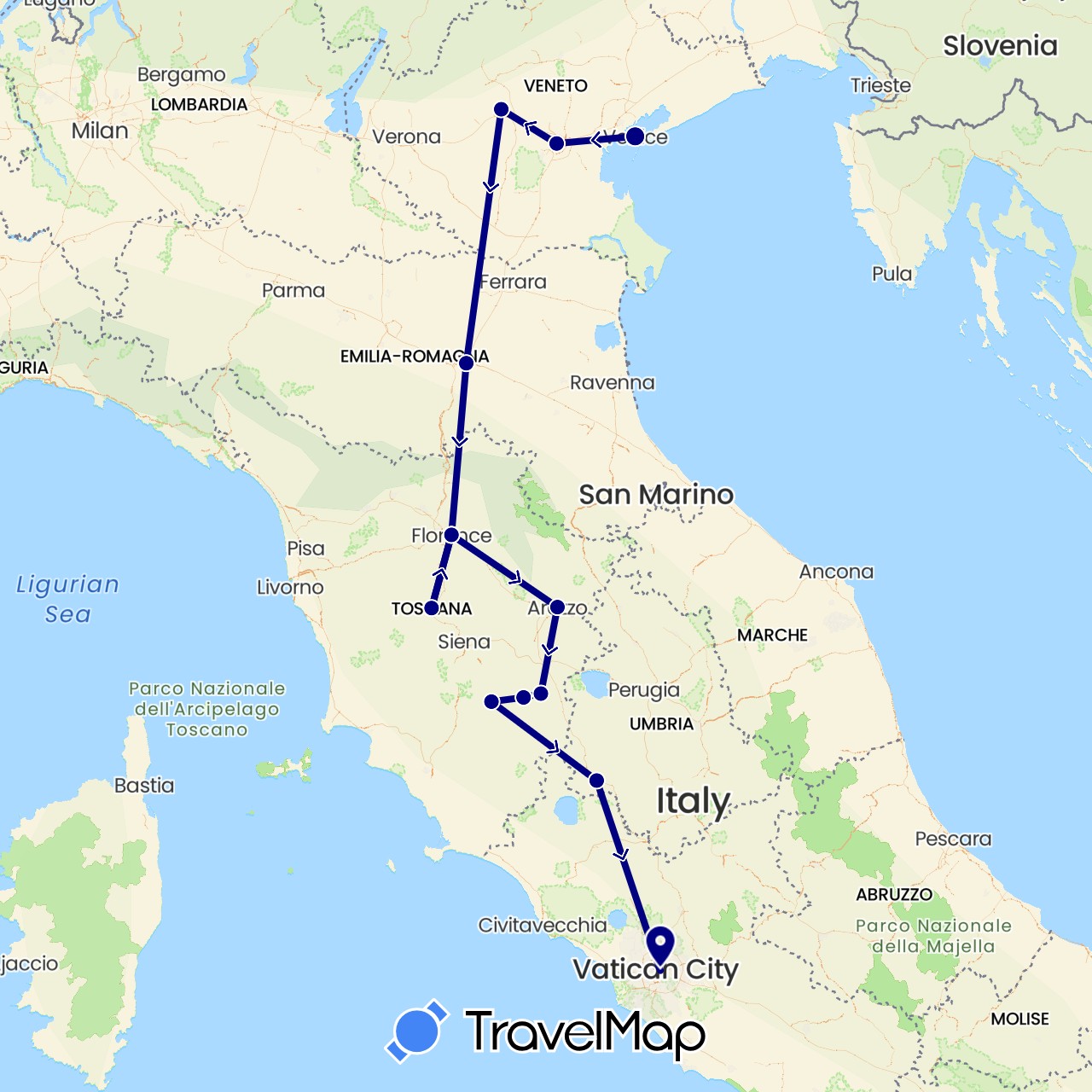 TravelMap itinerary: driving in Italy (Europe)